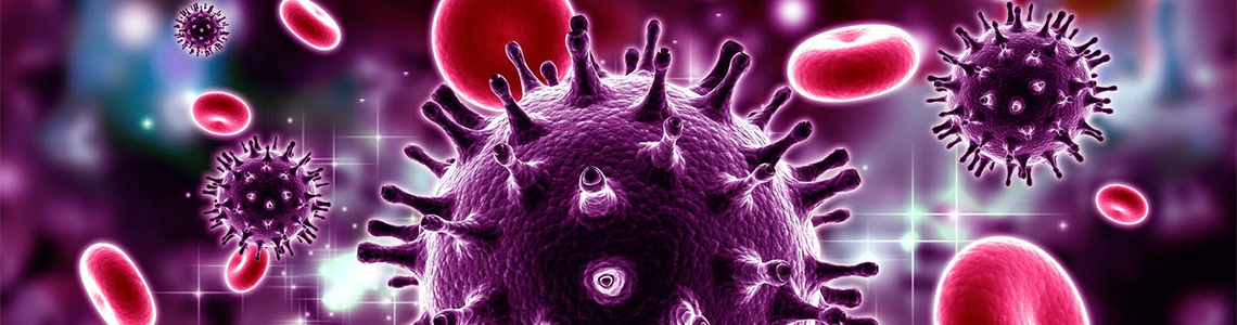 Rappresentazione grafica di virus e globuli rossi in primo piano