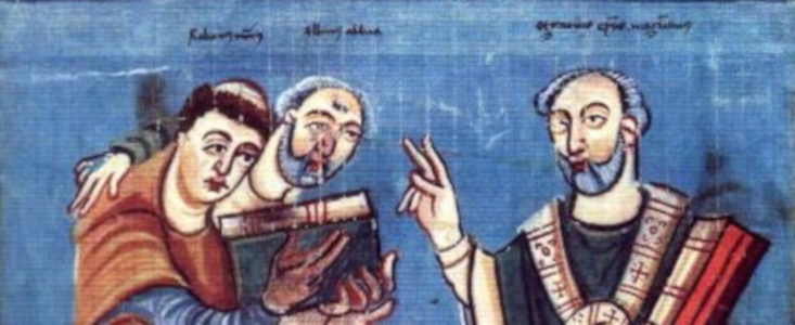Rabanus Maurus (left), supported by Alcuin (center), dedicated his workoto Archbishop Otgar of Meinz (right) -- detail. From th Austrian National Library https://www.onb.ac.at/, image in the public domain